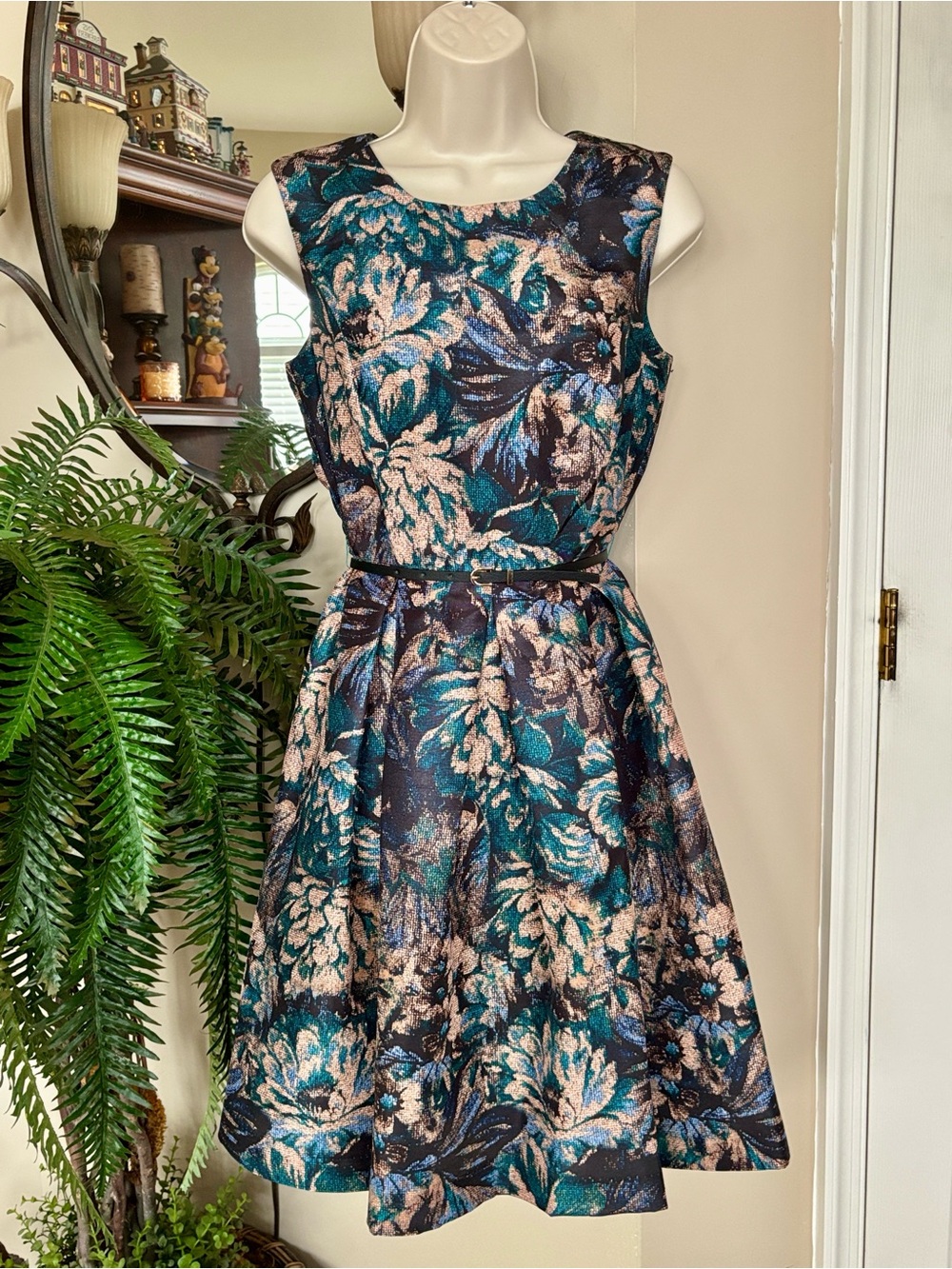 Liz Claiborne Career Sleeveless Floral Fit & Flare Dress Belted Waist Office